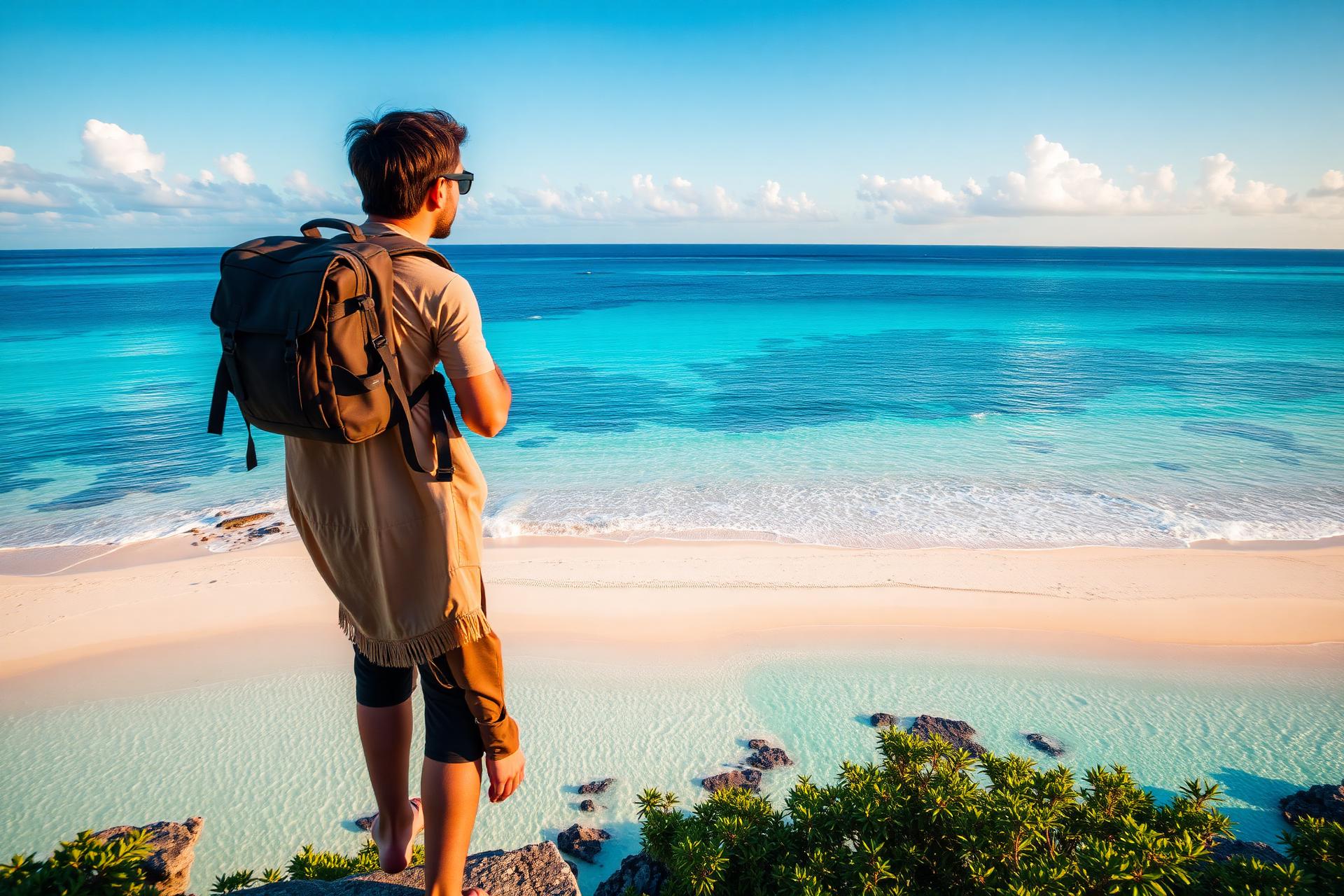 Viajante na praia com seguro viagem